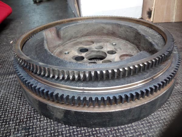 Linde Forklift HD50 flywheel with new 72 toothed ring. Heated to 900C and pressed on.