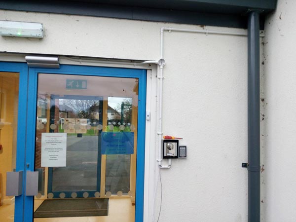 We where asked to install a front door intercom on a new modular school. We where told not cable inside the school as they wanted to keep a clean look. No problem.